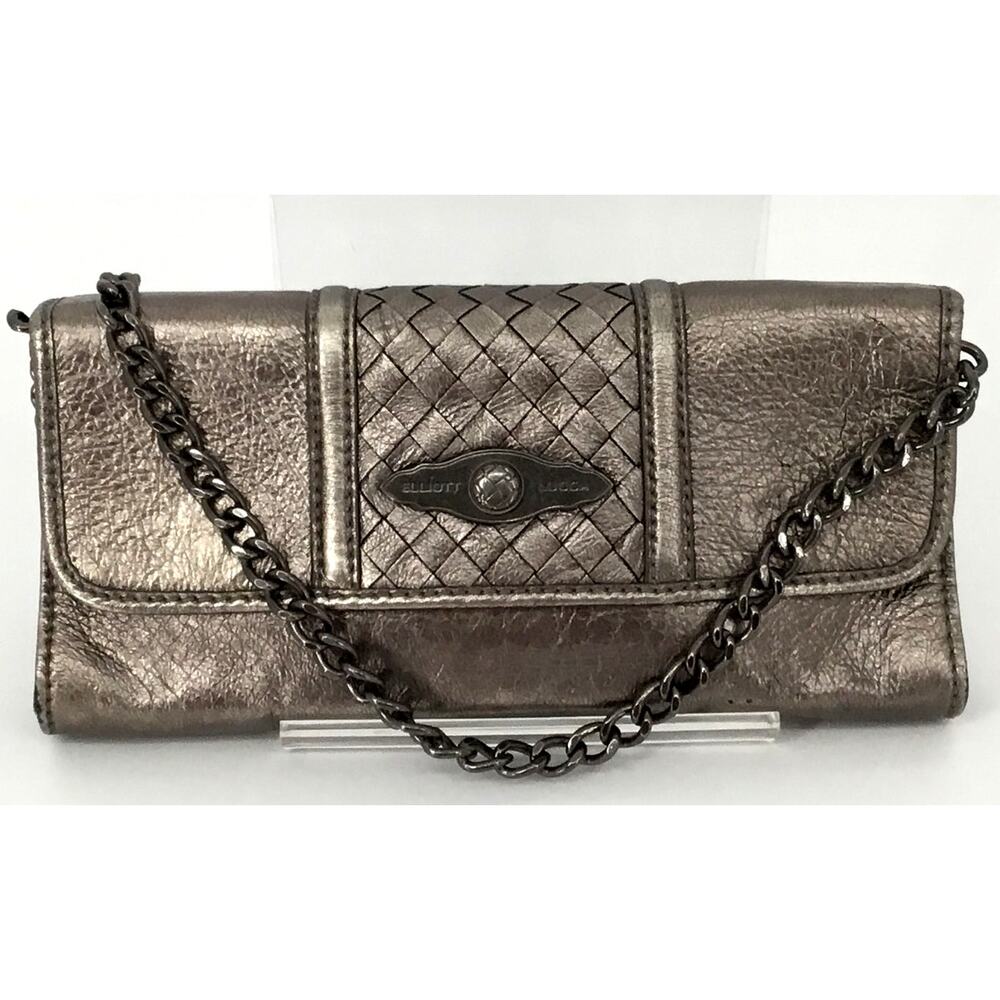 Elliott Lucca Pewter Woven Leather Convertible Clutch Removable Strap